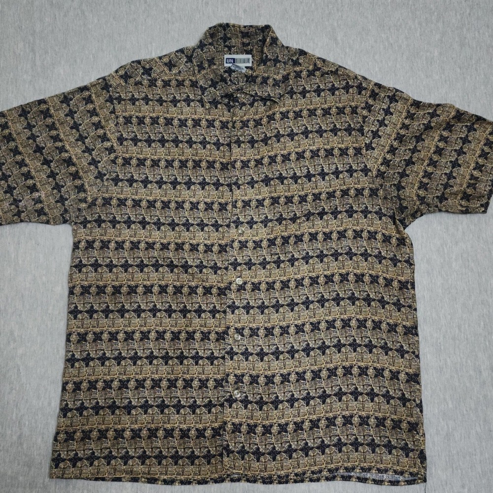 Vintage UnTied Hawaiian Shirt Mens XL Brown Gold Rayon Abstract Geo Tribal Camp